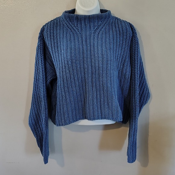 525 America Sweaters - 525 Women Blue Knit Mock Neck Cropped Sweater Small Made in USA Cotton